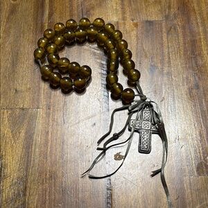 Handblown glass Brown Beaded Necklace with Cross Pendant
